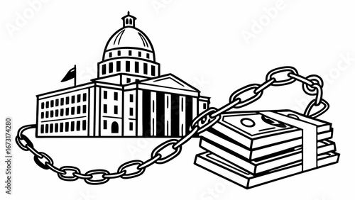 Government building chained to money illustration. Financial influence, political corruption, and economic control concept.
