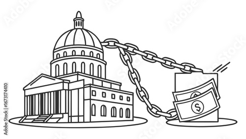 Government Building Chained to Money Stack: Political Influence, Lobbying, and Corruption Concept