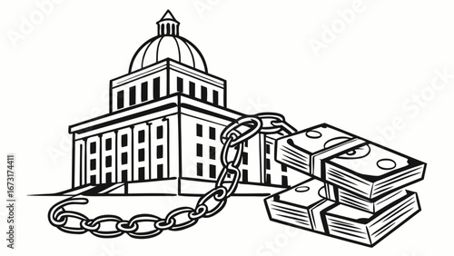 Government Building Chained to Money Stacks: Financial Influence, Political Corruption, Lobbying, Economic Power Concept