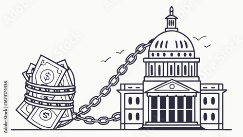 Government Chained to Money Stack: Political Finance, Influence, and Corruption Concept Illustration