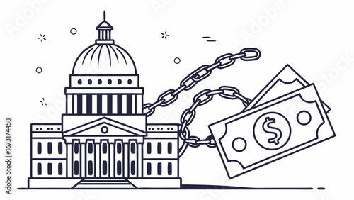 Government & Money: Capitol building chained to cash, symbolizing political finance, lobbying, and economic influence