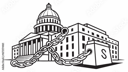 Government Burdened: Capitol Building Chained to 'S' Weight, Symbolizing Restriction & Systemic Issues
