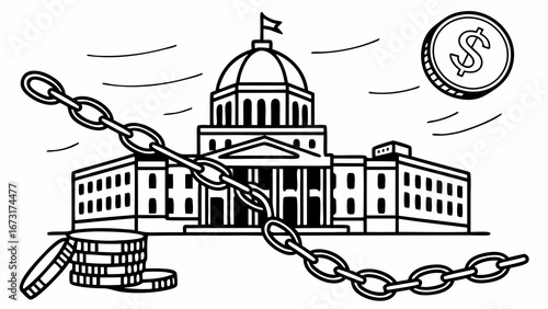 Financial Control over Government: Capitol Building, Money, and Chain Line Art Concept