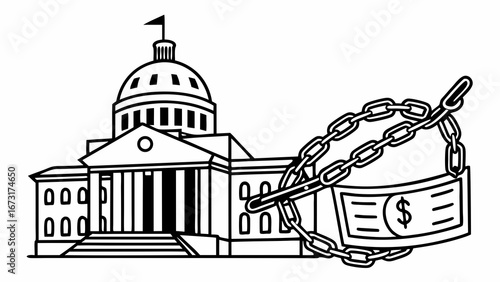 Government Building Chained to Dollar Bill: Political Corruption, Financial Influence, and Control Concept. Line Art