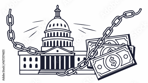 Political Finance Influence: US Capitol Building & Money Chain Illustration