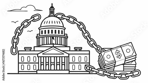 Political Corruption: Capitol Building Chained to Stacks of Money - Government & Finance Influence