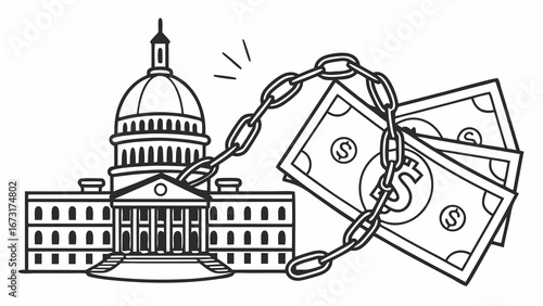 Government Financial Influence: Capitol Building Chained to Money - Political Lobbying Concept Illustration