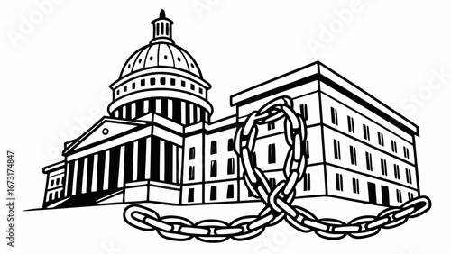 Political Power and Constraint: Government Building with Chain Illustration Symbolizing Restriction