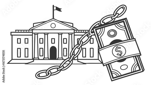 Government Building Chained to Money Stack. Financial Influence, Political Control, Lobbying, Funding.