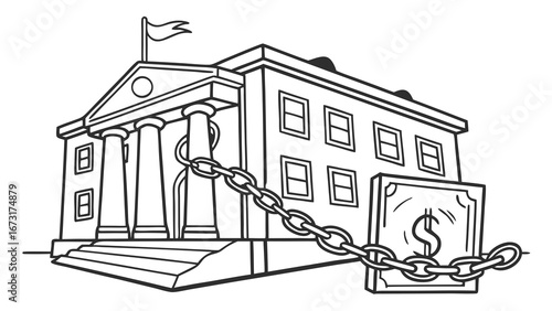 Financial Control: Building Chained to Dollar Bill - Debt, Economic Influence, Government Spending Concept
