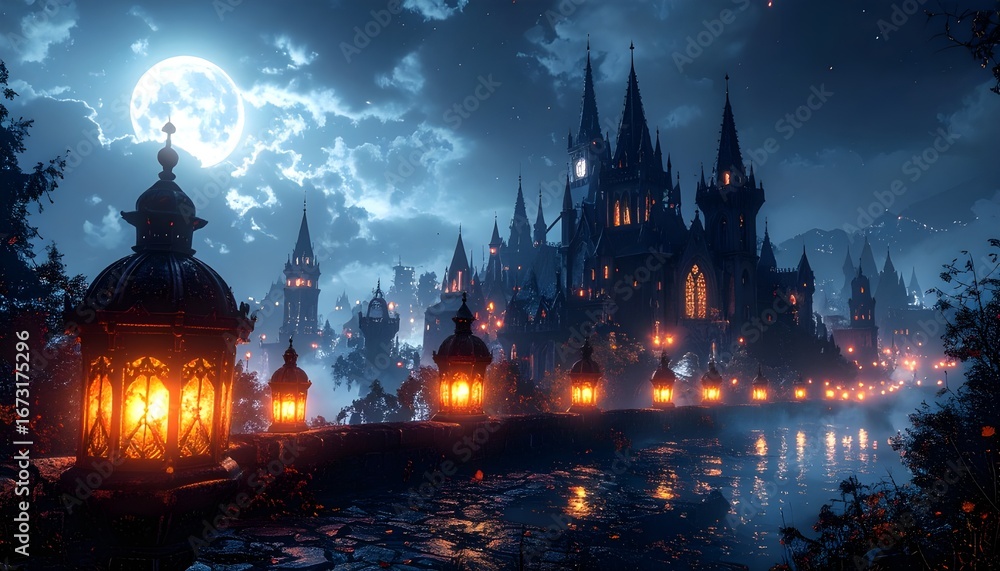 Fototapeta premium A majestic dark fantasy castle illuminated by warm lanterns along a river under a dramatic moonlit night