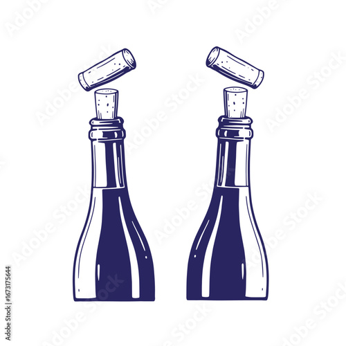 Artistic illustration of two elegant wine bottles with floating corks against a white background