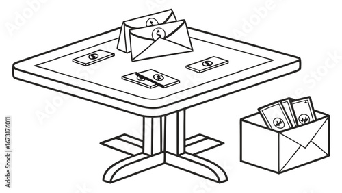 Financial envelopes on table with dollar symbols and collection box. Outline illustration of payment or donation concept.