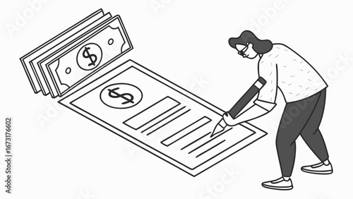 Person Signing Financial Document with Dollar Bills - Isometric Line Art Illustration