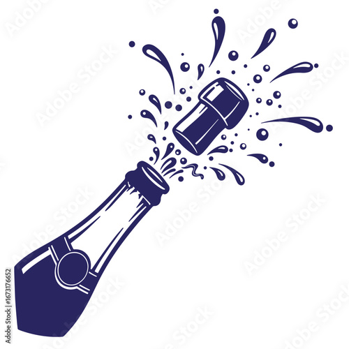 Celebration champagne bottle popping with bubbly splashes on white background