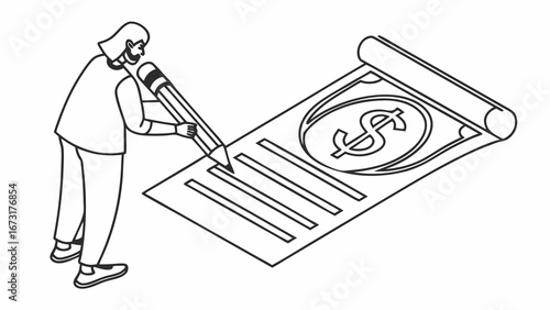 Financial Document Creation Line Art: Person Writes Budget or Invoice with Dollar Sign