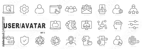 User avatar line icons for profile account management, login, password security, verification, mobile settings, group community, rating, dashboard, editable stroke