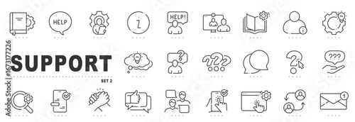 Support line icons for customer service and helpdesk: chat, email, phone, FAQ, troubleshooting, ticket management, agents, documentation, onboarding, online, 24h