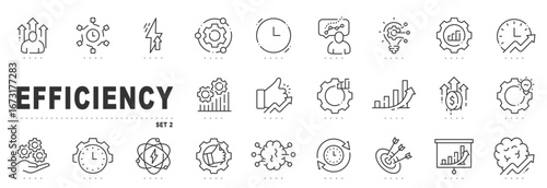 Outline icon set about efficiency, productivity, time management, optimization, workflow, analytics, growth, automation, performance, targets, strategy, planning, metrics, deadline, improvement