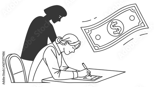 Working for money under pressure, overseen by a shadowy figure. Financial motivation and influence concept.