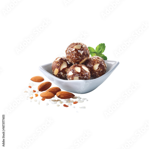 Delicious Almond and Coconut Energy Balls in a White Bowl