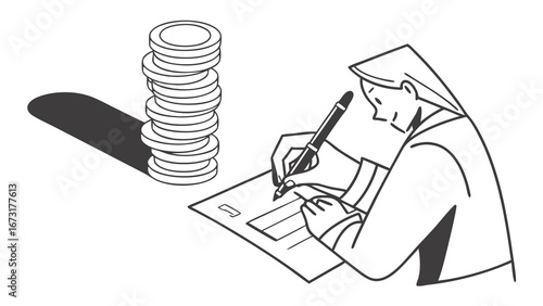 Financial Planning & Savings: Woman Writing Document with Stacked Coins Illustration