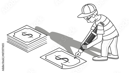 Person drawing dollar bills, symbolizing money creation or counterfeiting. Isometric financial fraud concept.