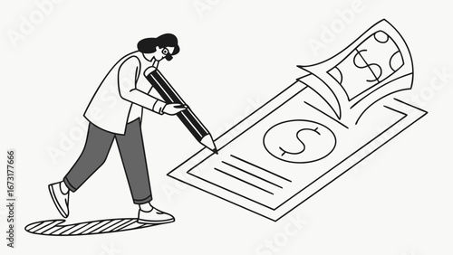 Creative financial concept: Person drawing banknotes with a pencil. Wealth generation, income, and business growth illustration.