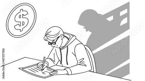 Financial Agreement with Hidden Costs: Person Signing Document Under Shadow of Debt and Dollar Coin Icon