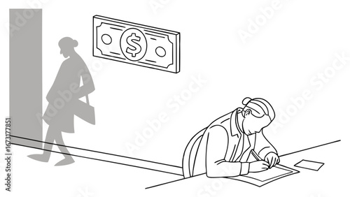 Financial pursuit: Person working at desk, dollar bills, and a walking shadow