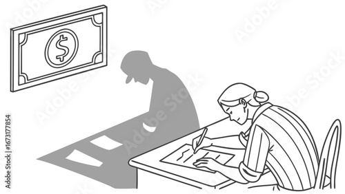 Financial goals and work pressure: Person writing at desk with a dollar bill and a stressed shadow