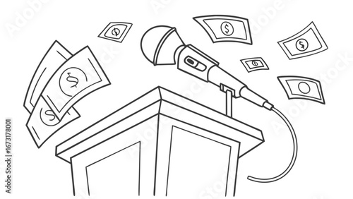Monetary Influence of Public Speech. Podium, Microphone, Flying Dollar Bills. Line Art Illustration.