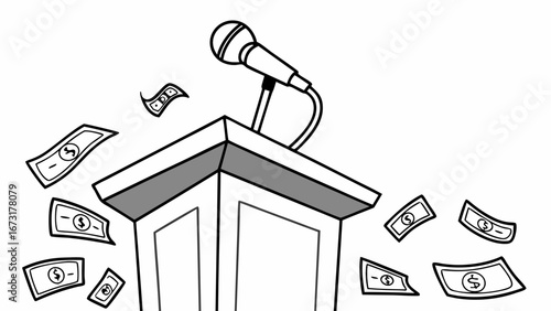 Podium, Microphone, and Flying Money Illustration. Concept of financial influence, political funding, corruption, or gain from speech.