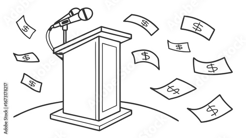 Money Talks: Podium, Microphone, and Falling Dollar Bills Illustration
