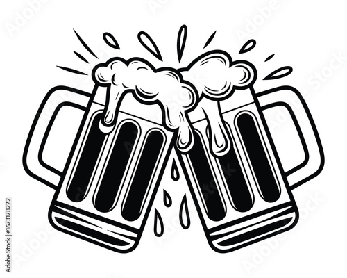 Cheers! Two Beer Mugs Clinking in a Vector Illustration with Foam and Bubbles
