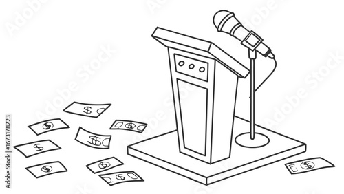 Podium, Microphone & Scattered Money: Financial Influence, Bribery, Corruption in Public Speaking Line Art