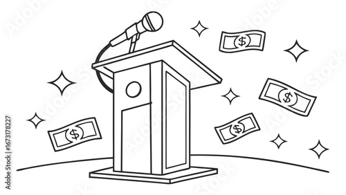 Profitable Public Speaking: Podium, Microphone, and Falling Money Illustration