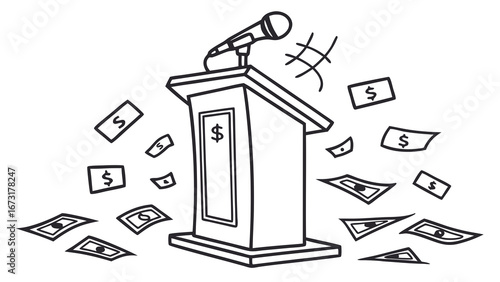 Speech podium with microphone and falling dollar bills. Concept of financial incentives, political funding, or reward.