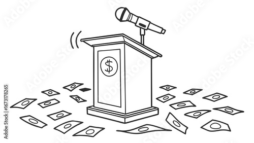 Podium with microphone and dollar sign, surrounded by scattered money. Concept of financial influence, bribery, or political funding.