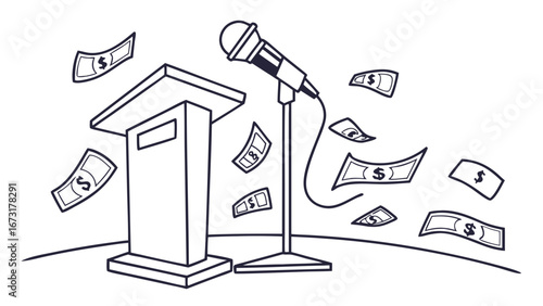 Financial Speech & Political Funding Concept: Podium, Microphone, and Flying Money Bills Illustration