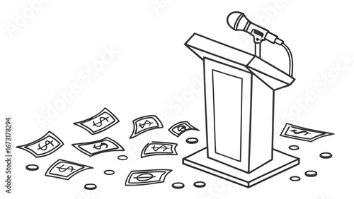 Podium with Microphone and Money. Financial Influence, Political Funding, Bribery. Black and White Line Art.