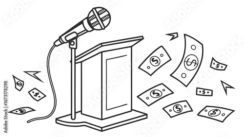 Profitable Public Speaking Concept with Microphone, Podium, and Flying Money