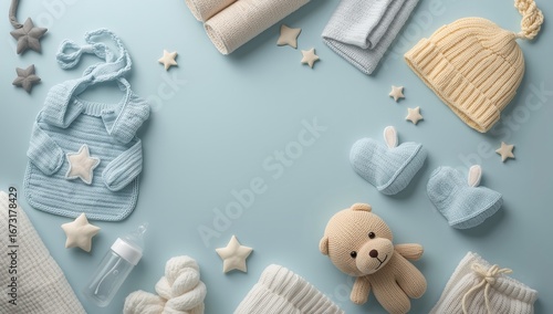 Adorable baby gift set flat lay with cozy knitwear and stars on a soft blue background so lovely