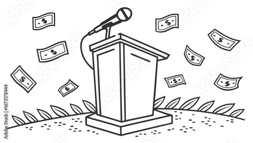 Public Speaking with Financial Gain: Podium, Microphone & Falling Money Illustration