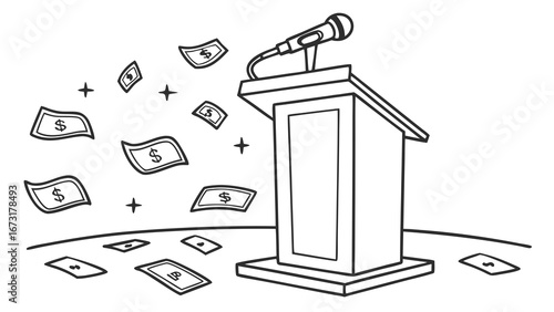 Earning Money from Public Speaking: Podium, Microphone, and Flying Dollar Bills Concept Illustration