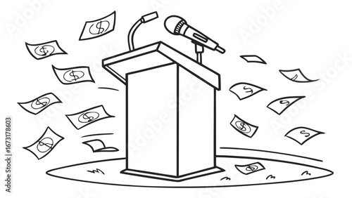 Podium with Money Flying Illustration: Symbolizing Political Corruption, Bribery, or Financial Influence