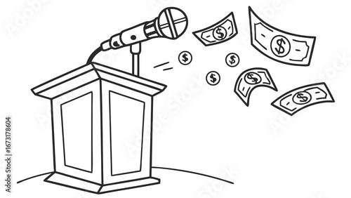 Microphone on Podium with Money Flowing Out – Concept of Financial Gain, Funding, Profit, Cost of Public Speaking, or Influence