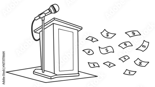 Public Speaking Costs & Financial Impact: Podium with Microphone and Flying Dollar Bills