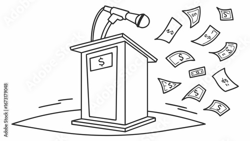 Podium with Microphone and Flying Dollar Bills - Political Funding, Campaign Finance, and Public Speaking Concept