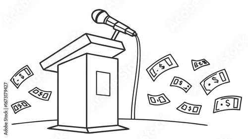 Financial Gain from Public Speaking: Podium, Microphone, and Flying Money Illustration